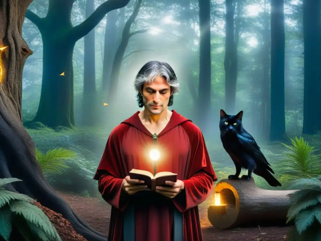 Dante Alighieri en un bosque místico con elementos simbólicos, evocando los misterios esotéricos de La Divina Comedia