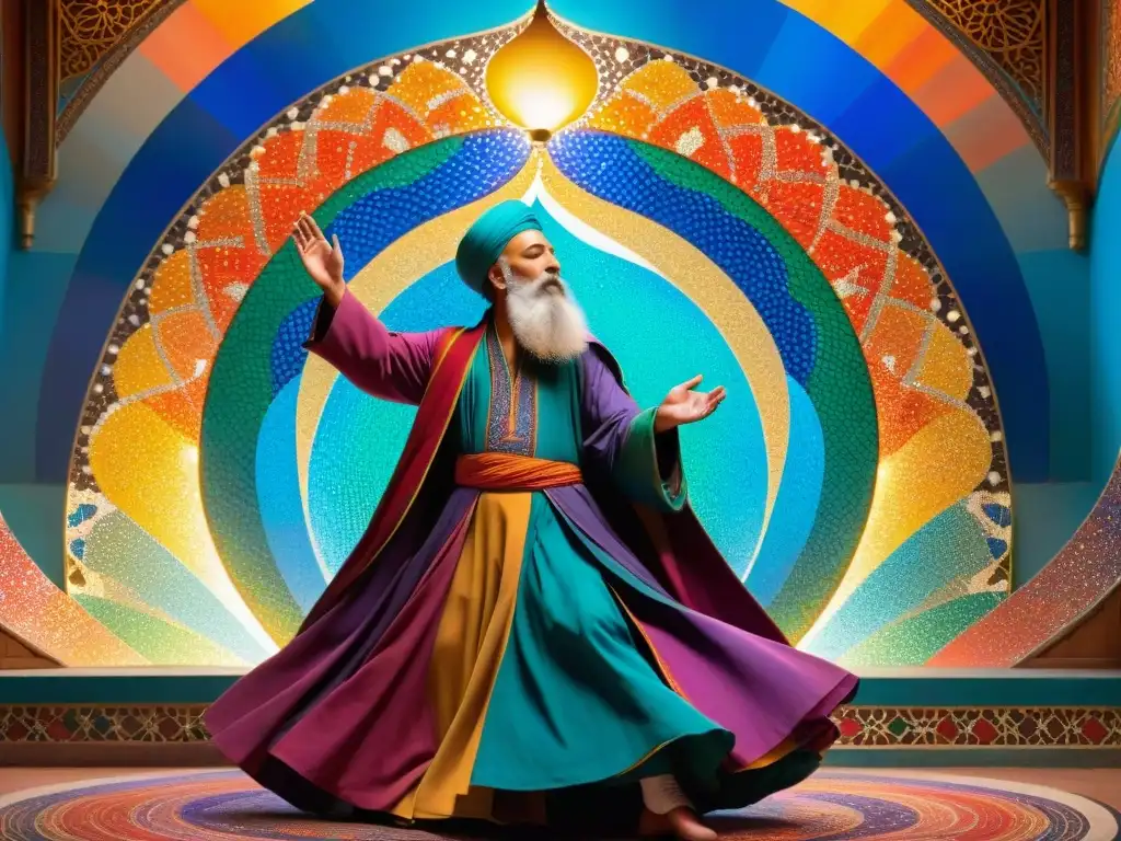 Un derviche sufí en éxtasis, rodeado de colores vibrantes y patrones hipnóticos, simbolizando la influencia de los Sufis en diplomacia internacional