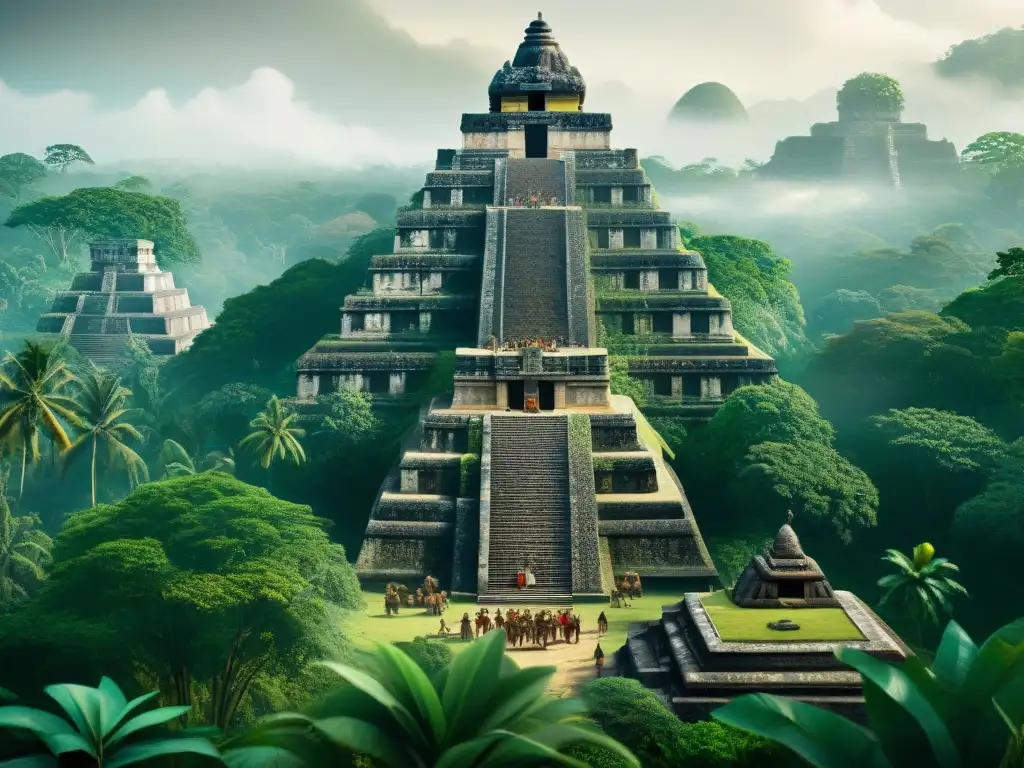 Misteriosa ciudad Maya en la selva: templos, rituales y tragedia natural Descubre la desaparición de la civilización Maya en una ilustración misteriosa de una ciudad antigua en la jungla