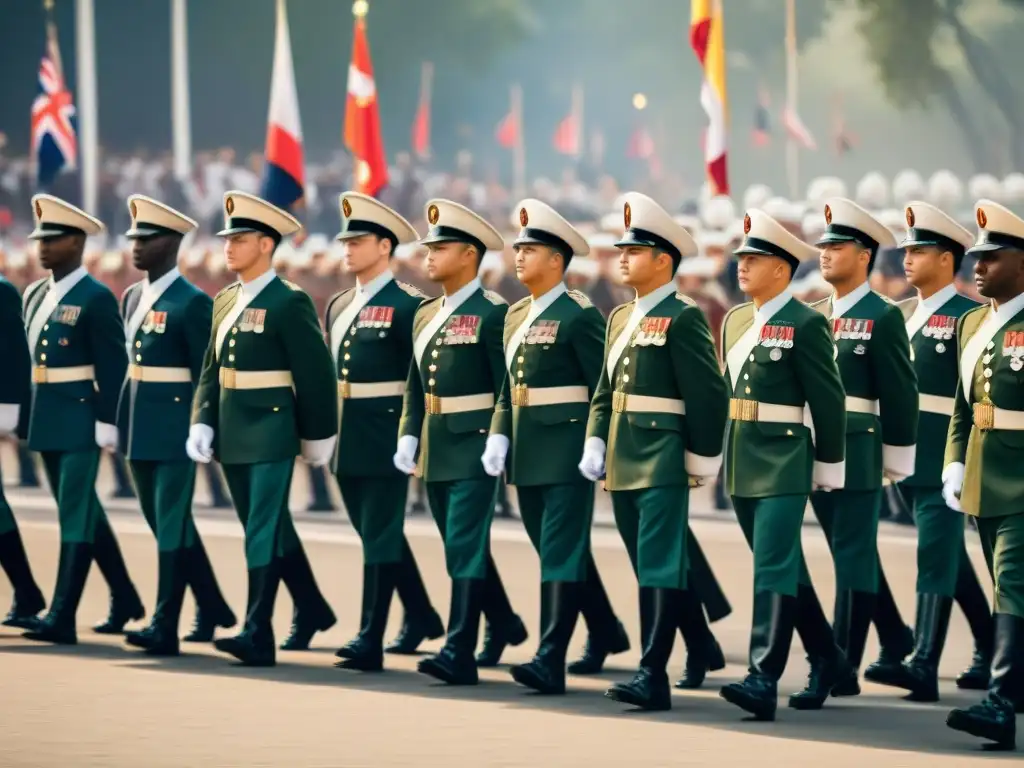 Desfile militar con soldados en uniforme de gala, banderas ondeando y espectadores