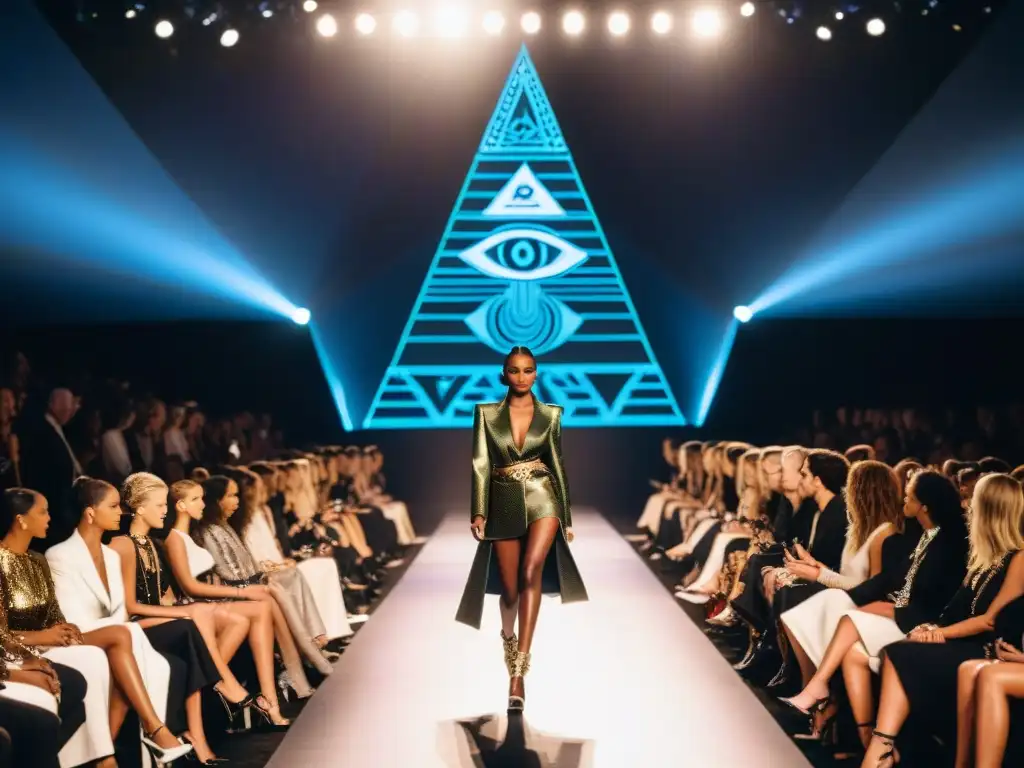 Desfile de Moda de Alta Costura con Símbolos Illuminati Un desfile de moda de alta costura con símbolos Illuminati en la ropa, frente a una audiencia exclusiva y cautivada