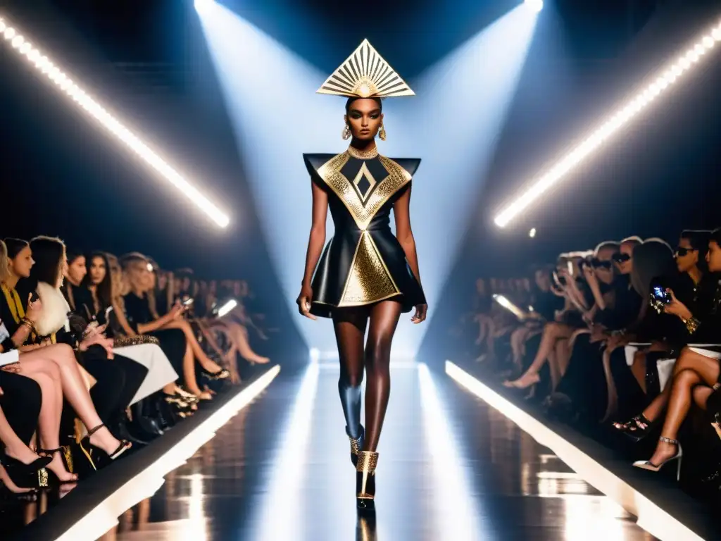 Desfile de Moda Illuminati: Intriga y Glamour en la Pasarela Un desfile de moda de alta gama con Símbolos Illuminati en la moda, en una atmósfera misteriosa y glamurosa