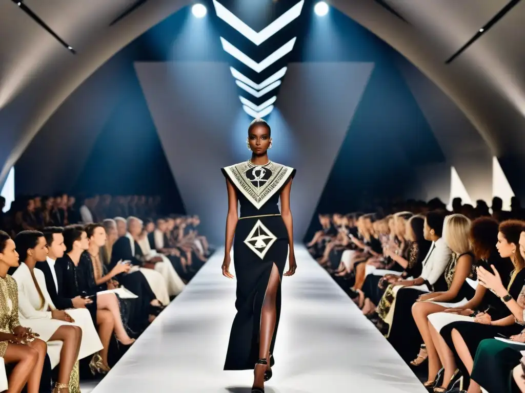 Desfile de moda: símbolos Illuminati en alta costura Desfile de moda con modelos en diseños vanguardistas y sutiles símbolos Illuminati en la tela