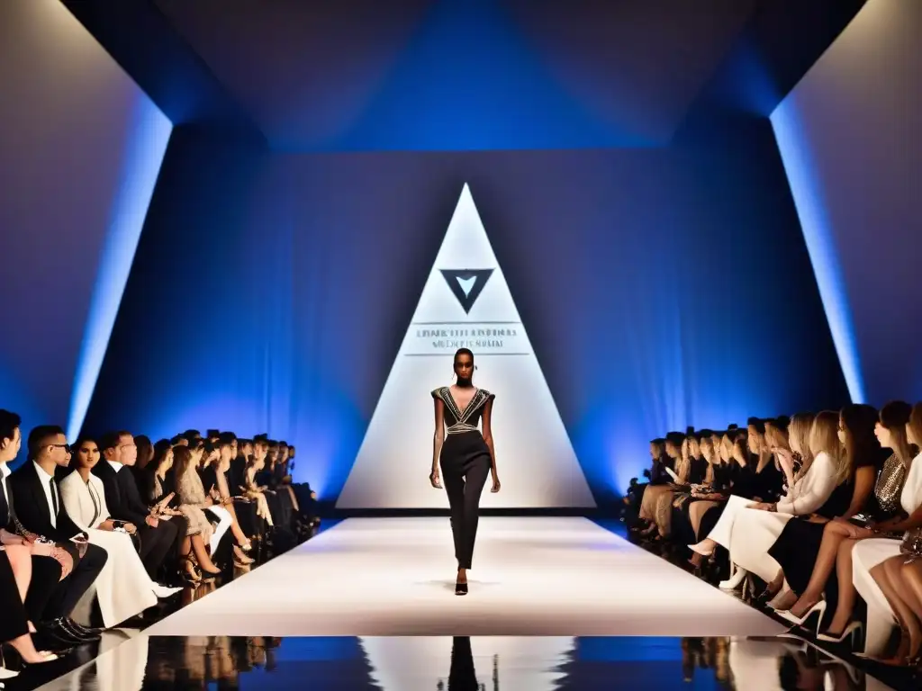 Diseño de moda y simbología Illuminati en pasarela de elite Desfile de moda con símbolos Illuminati en escenografía y moda vanguardista, audiencia fascinada