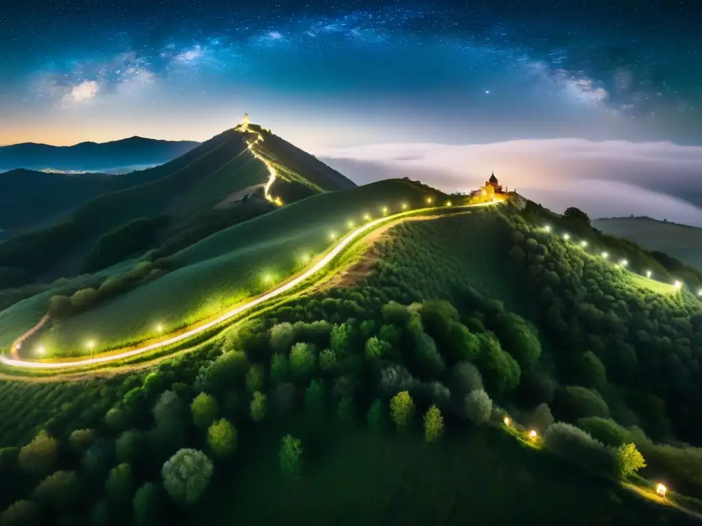 Un deslumbrante camino de Santiago iluminado por linternas, con la Vía Láctea sobre él