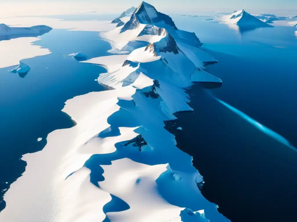 Deslumbrante vista aérea de la gélida Antártida, con sus llanuras nevadas, montañas escarpadas y glaciares azules