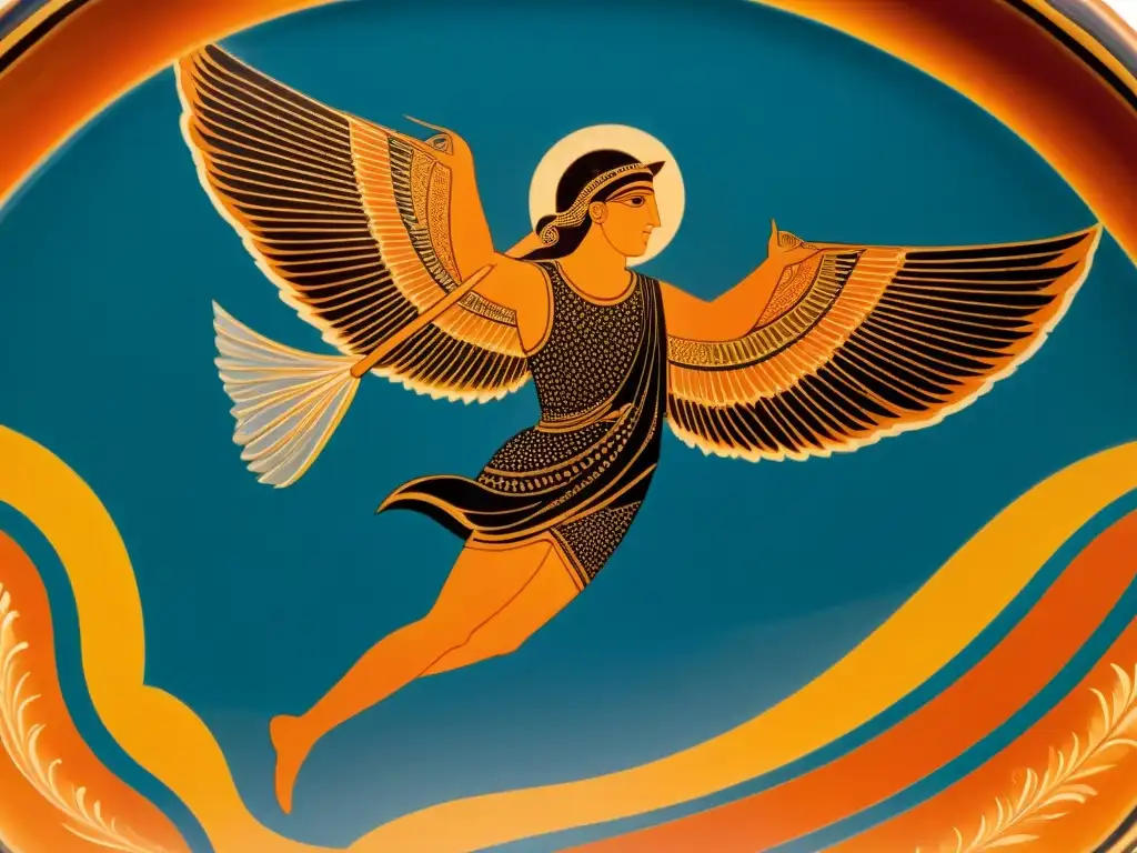 Antigua cerámica griega: Icarus volando hacia el sol Detallada ánfora griega antigua con Ícaro volando hacia el sol, simbolizando ambición y caída