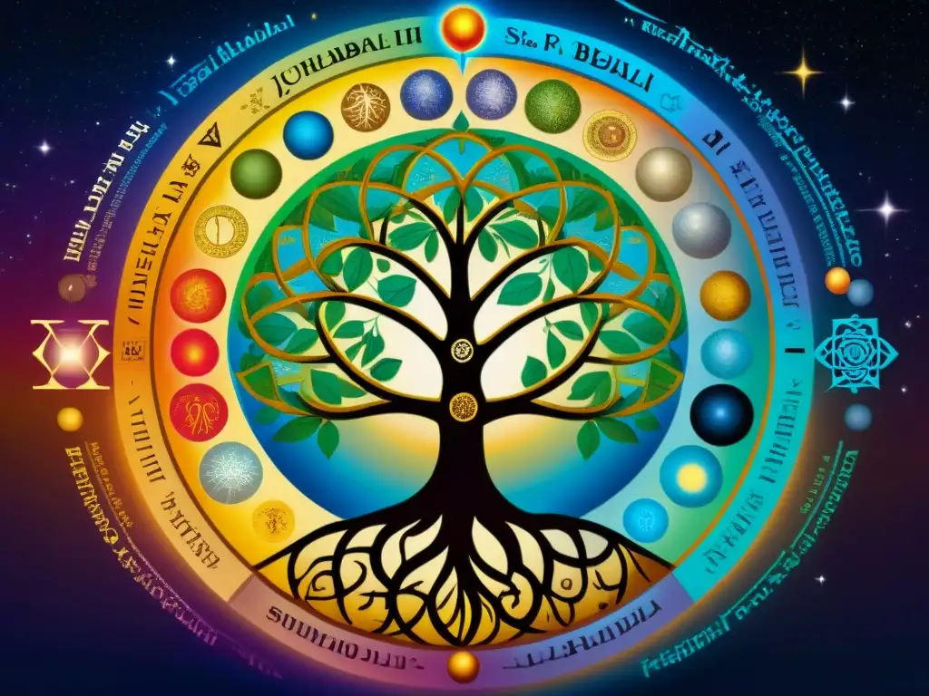 Ilustración detallada del Árbol de la Vida de la tradición Kabbalah con inscripciones hebreas, colores vibrantes y simbolismo