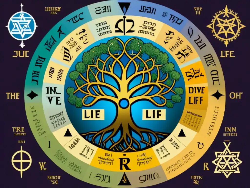 Ilustración detallada del Árbol de la Vida en Kabbalah, con los diez sefirot interconectados, letras hebreas, símbolos y colores