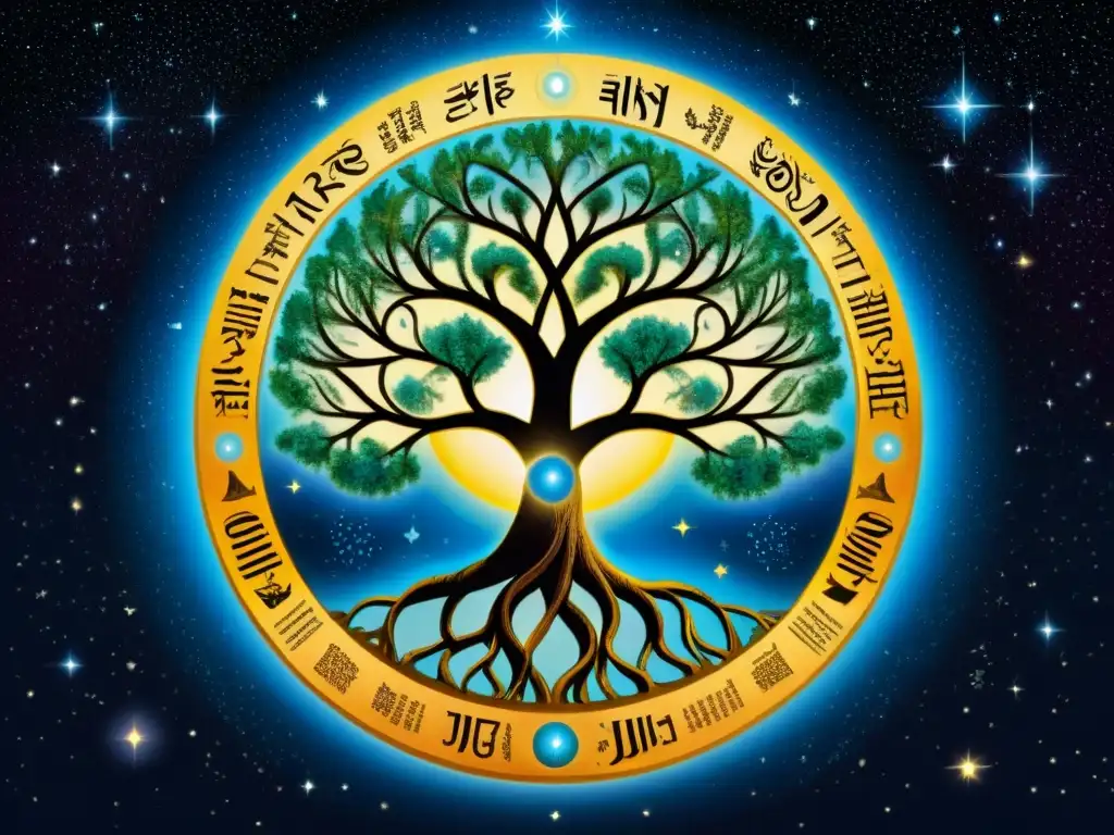 Ilustración detallada del Árbol de la Vida en Kabbalah, con sephirot interconectados y símbolos hebreos