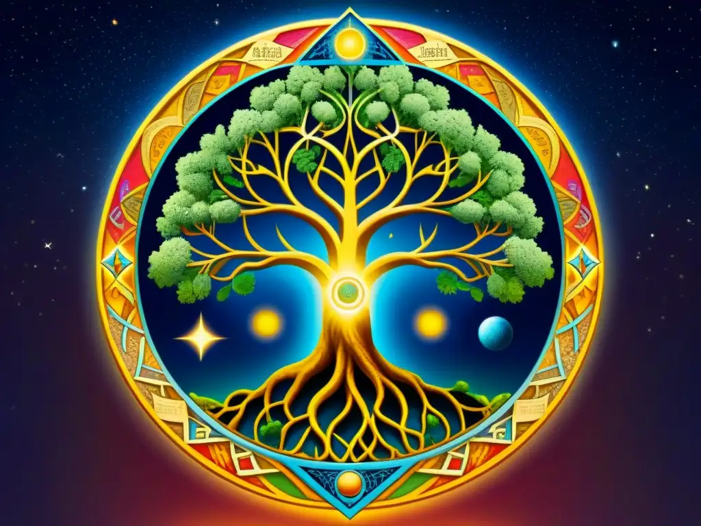 Ilustración detallada del Árbol de la Vida en la tradición de la Kabbalah, rodeado de elementos celestiales, vibrante y conectado