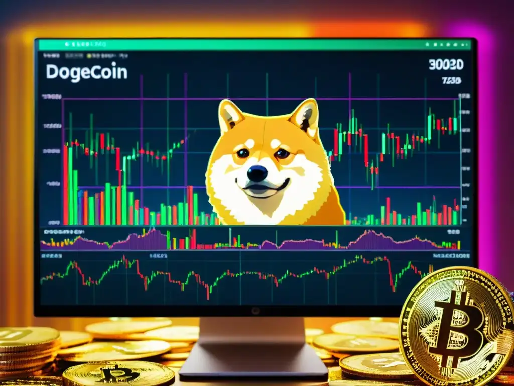 Detallada visualización caótica de precios de Dogecoin, con colores vibrantes y patrones intrincados simbolizando el culto absurdo de la criptomoneda