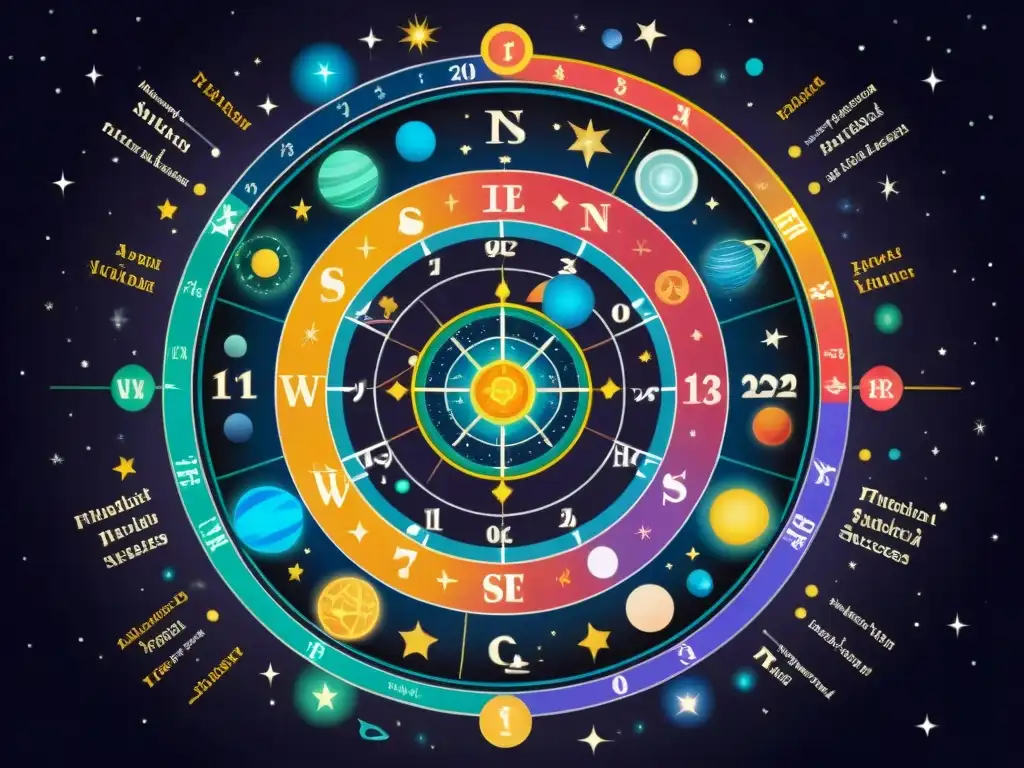 Detallada carta natal con potencial riqueza, planetas y signos zodiacales conectados en un fondo estrellado y místico