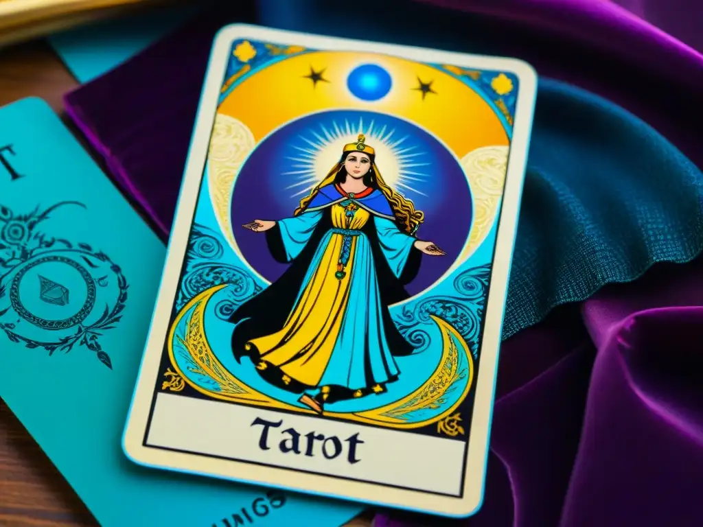 Detallada carta del Tarot 'La Sacerdotisa' con colores vibrantes y símbolos misteriosos