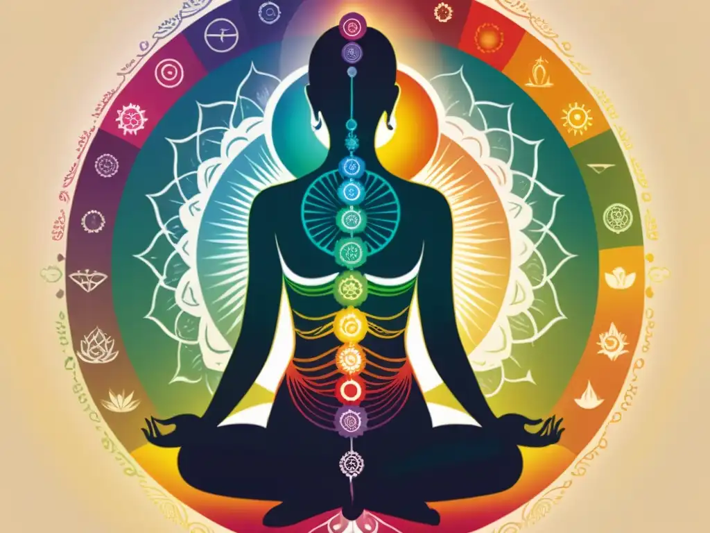 Detallada ilustración de los siete chakras en el cuerpo humano, con colores vibrantes y símbolos únicos