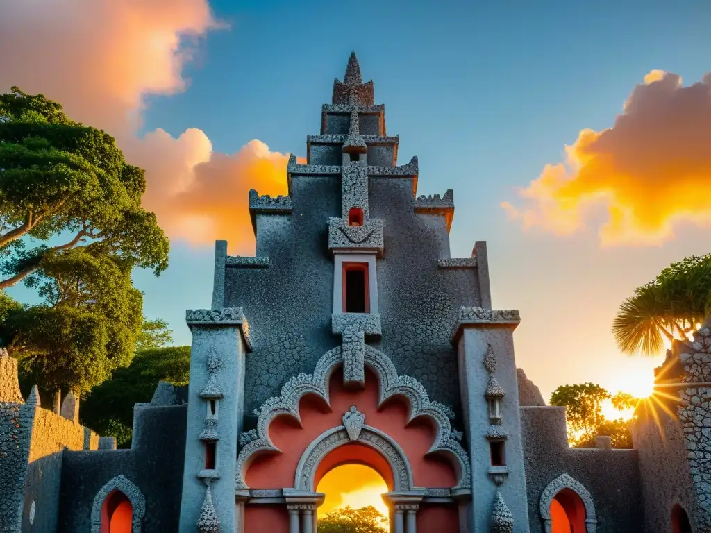 Fotografía detallada de la fachada del Coral Castle en Florida al atardecer, revelando símbolos esotéricos y artesanía en piedra coralina