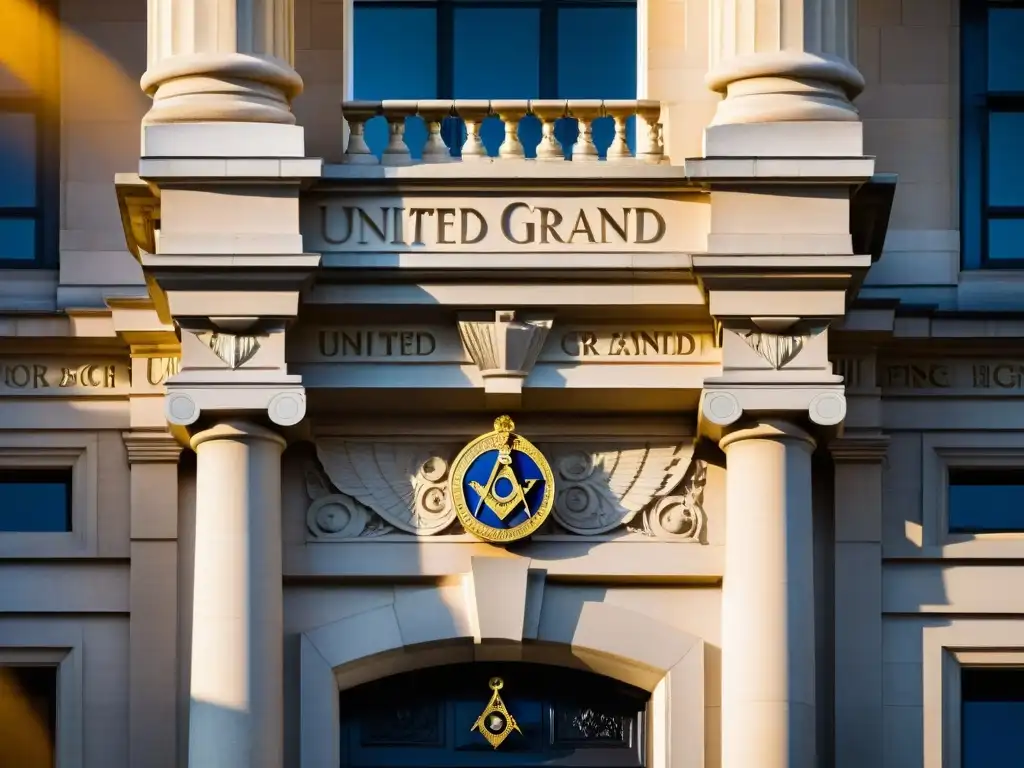 Fotografía detallada de la fachada del United Grand Lodge of England con simbolismo templos masónicos historia