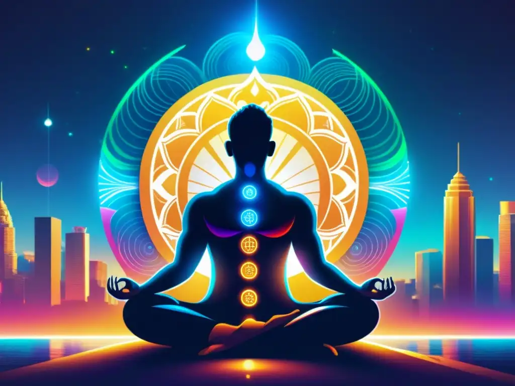 Ilustración detallada de figura meditando con chakras criptográficos alineados, fusionando espiritualidad y éxito financiero