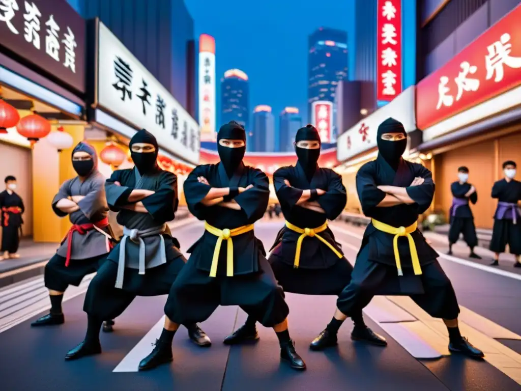 Fotografía detallada de guerreros ninja en Tokio, practicando artes marciales