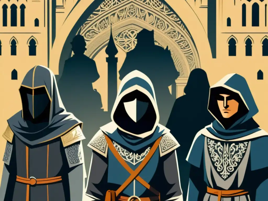 Intriga medieval: Hashshashin en las sombras Ilustración detallada de Hashshashin en la sombra de un monumento histórico, reflejando la influencia de sociedades secretas en la historia mundial