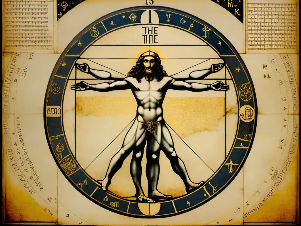 Detallada representación del 'Hombre de Vitruvio' de Leonardo da Vinci, con signos zodiacales integrados sutilmente