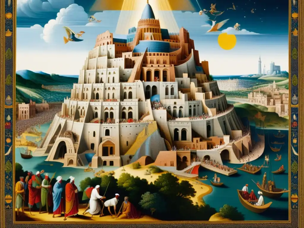 Una detallada imagen de un antiguo tapiz mostrando la construcción de la Torre de Babel