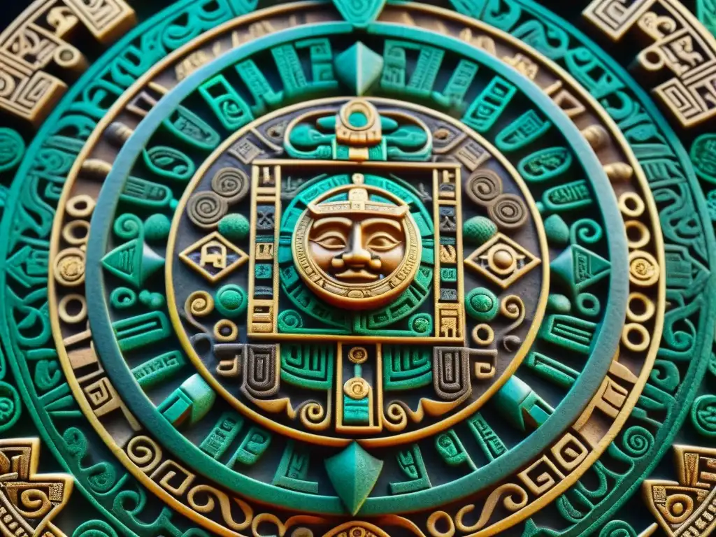 Calendario Azteca: Detalles en 8k de arte mesoamericano Detallada imagen en 8k de un calendario azteca de piedra con símbolos mesoamericanos arte contemporáneo