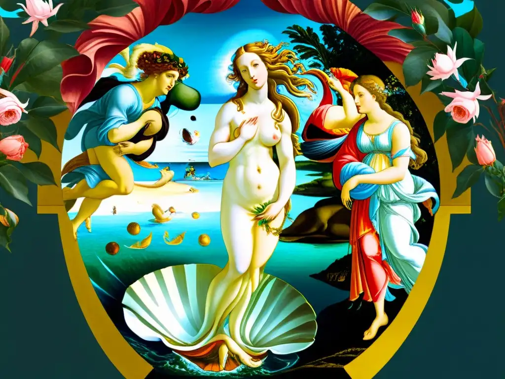 Detallada imagen 8k de 'El nacimiento de Venus' de Botticelli, con símbolos femeninos en el arte