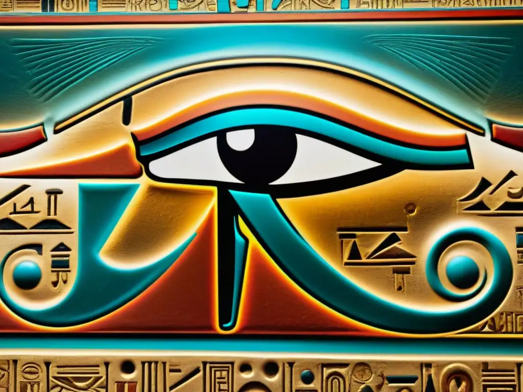 Detallada imagen del Ojo de Horus egipcio, con colores vibrantes que revelan su significado como símbolo de protección y poder