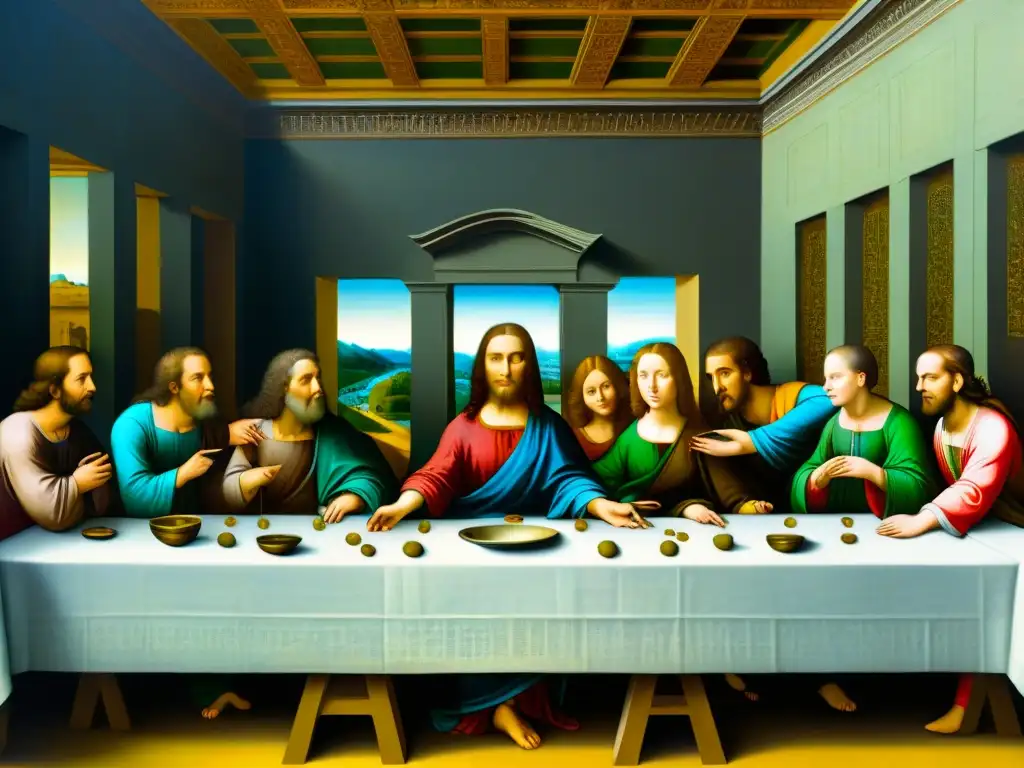 Una detallada imagen de 'La Última Cena' de Leonardo da Vinci revelando mensajes secretos de una sociedad secreta en pliegues y detalles de fondo