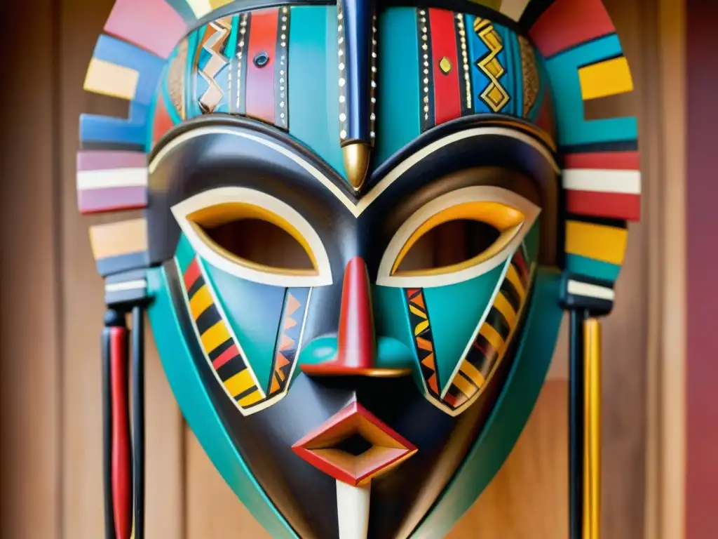 Detallada máscara tribal africana de madera oscura con colores vibrantes y patrones intrincados, evocando misterio y sabiduría antigua