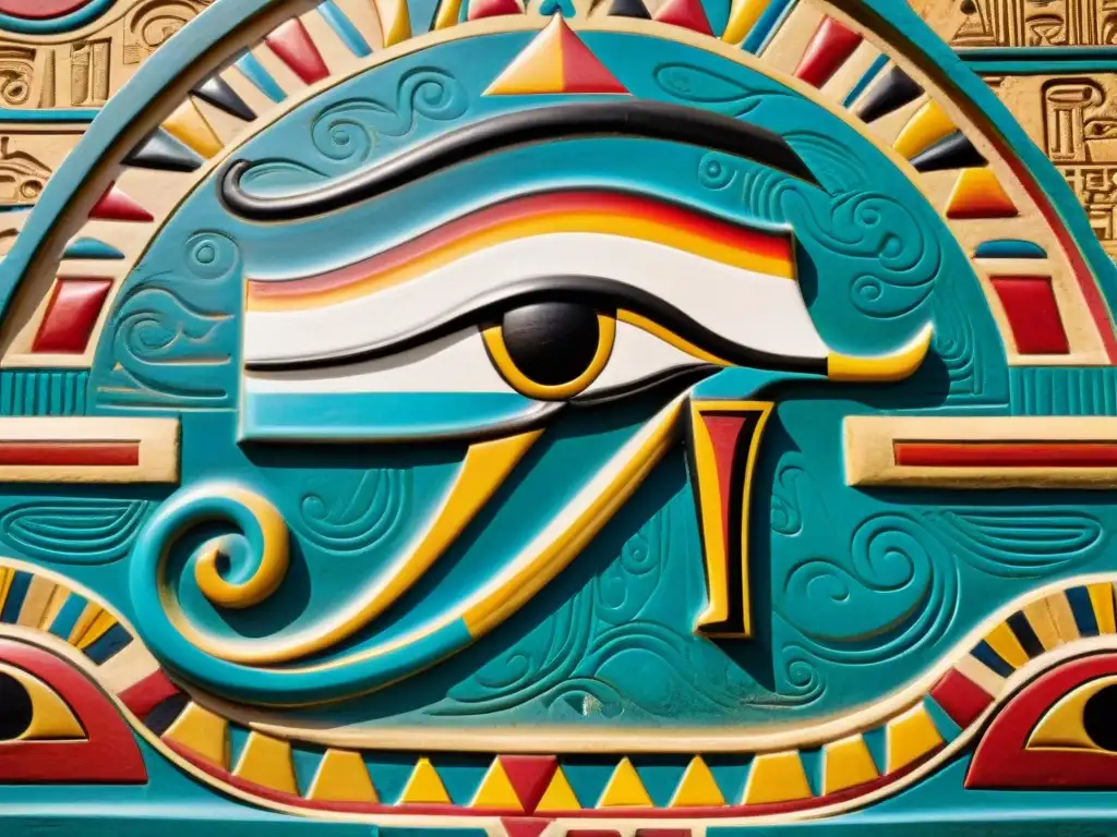 Detallada representación del Ojo de Horus en un templo egipcio antiguo, evocando misterio y sabiduría con sus colores vibrantes y patrones intrincados