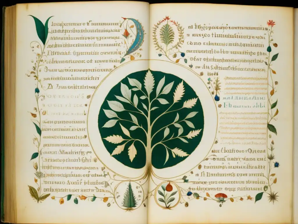 Detallada página del misterioso manuscrito Voynich con ilustraciones botánicas y símbolos encriptados