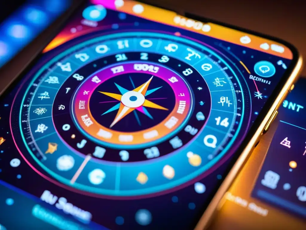 Detallada pantalla de smartphone muestra carta astral moderna: astrología, tecnología e influencias secretas fusionadas