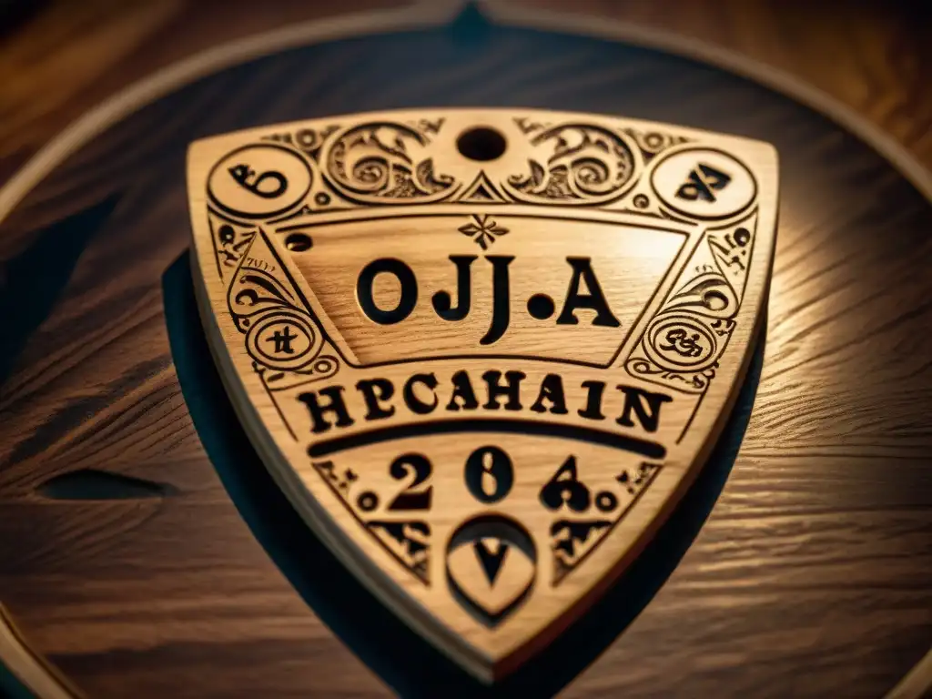 Detallada planchette de madera en tablero Ouija vintage, con símbolos e intrincados grabados