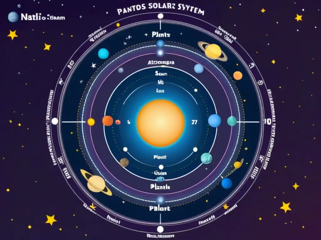 Ilustración detallada de planetas en casas de carta natal, con precisión y colores vibrantes en un cielo estrellado