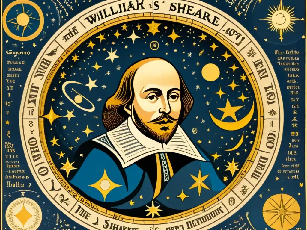 Ilustración detallada de William Shakespeare rodeado de cuerpos celestes y símbolos zodiacales, con un pergamino en mano inscrito con cartas astrales