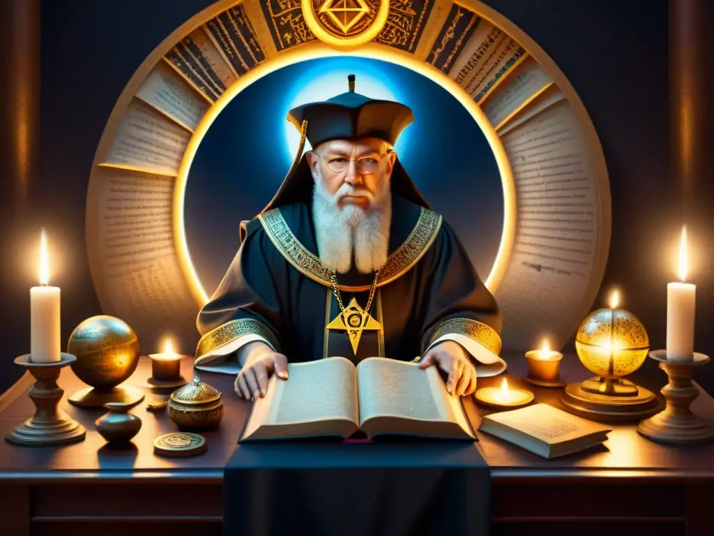 Ilustración detallada con Nostradamus rodeado de manuscritos antiguos y símbolos celestiales, en una atmósfera de misterio con sociedades secretas