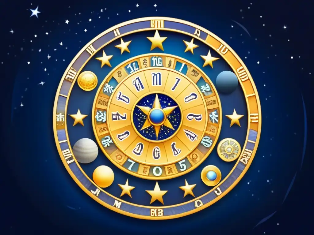 Una representación detallada de la rueda zodiacal, con signos astrológicos entrelazados con símbolos financieros para maximizar inversiones