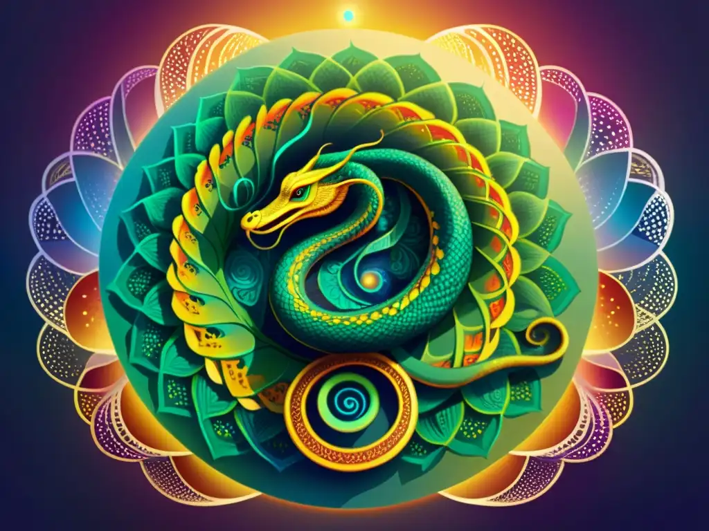 Ilustración detallada de una serpiente enroscada con colores vibrantes y patrones mandala, simbolizando la energía Kundalini en un entorno esotérico