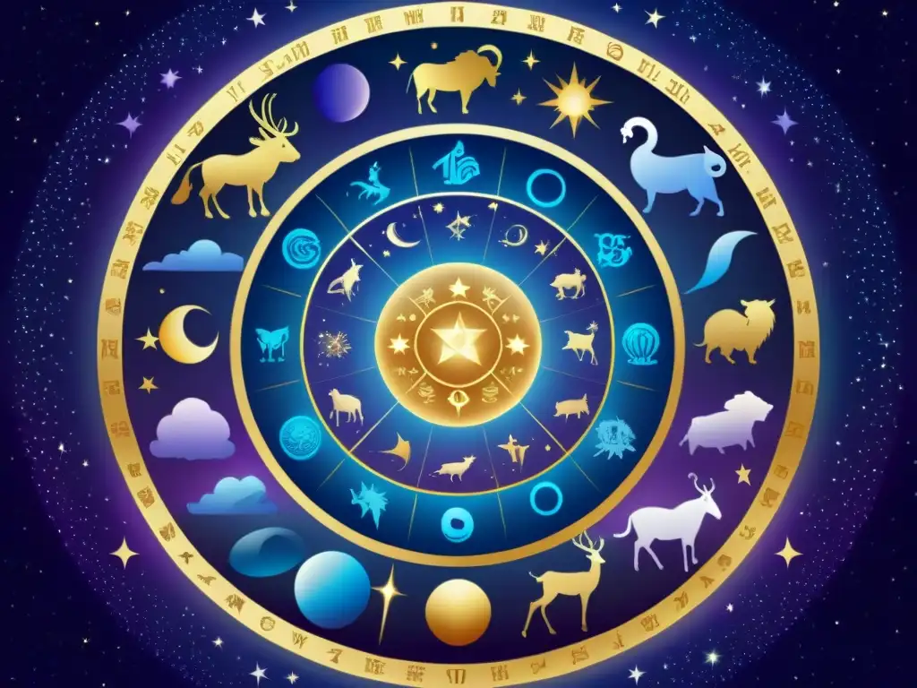 Ilustración detallada de los doce signos zodiacales en un círculo, representados por símbolos y planetas, en un tapiz cósmico de estrellas y galaxias