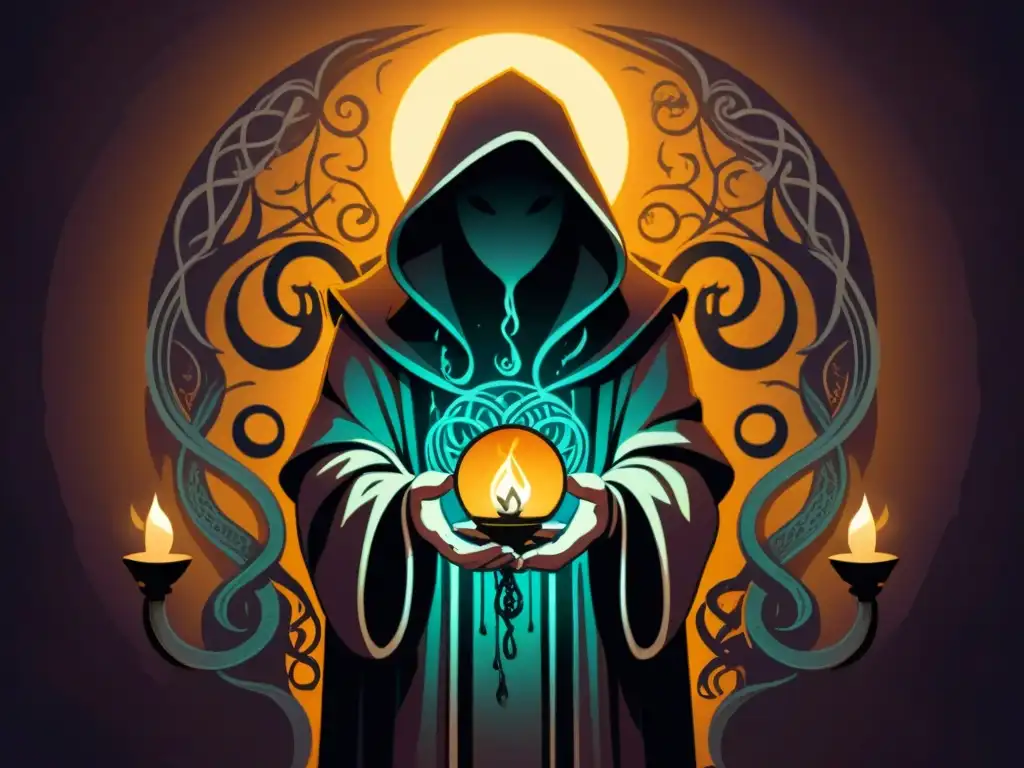 Ilustración misteriosa: figura sombría con artefactos arcanos y tentáculos Ilustración detallada de símbolos antiguos y tentáculos, con figura sombría sosteniendo un orbe luminoso en ambiente ocultista al estilo Lovecraft