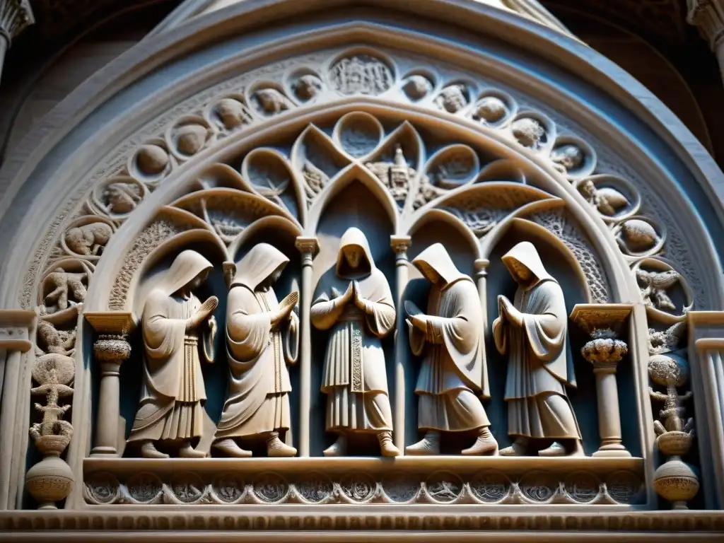 Detallada talla de piedra en la catedral de Milán, mostrando figuras encapuchadas en un ritual secreto