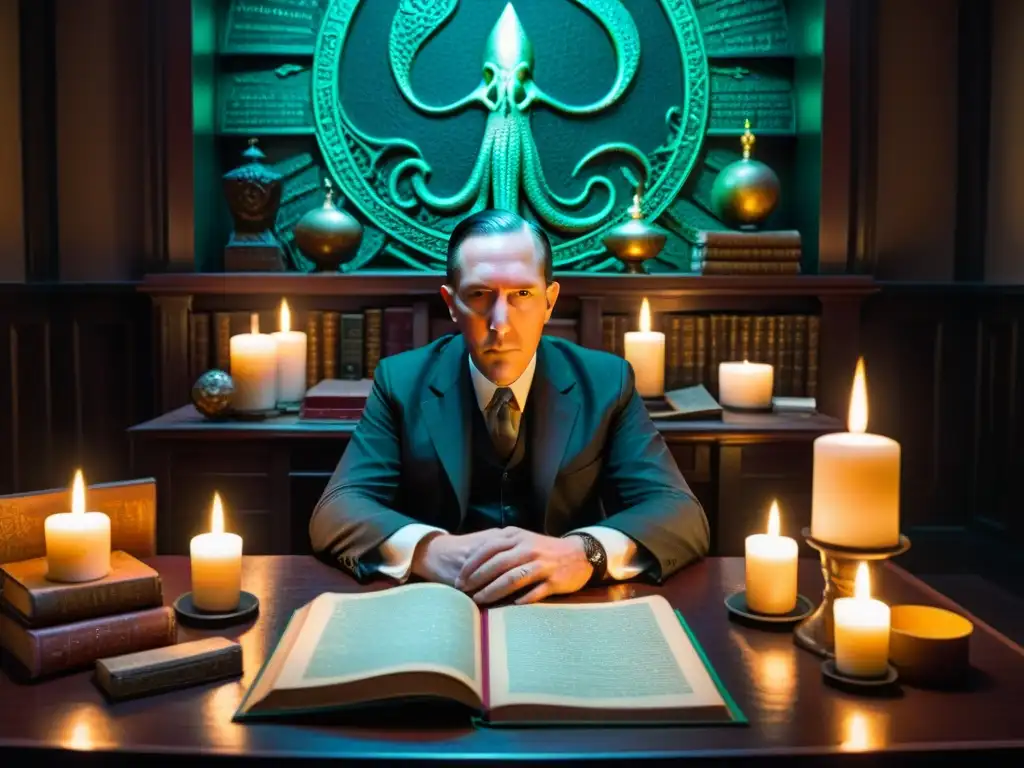 El escritor Lovecraft en su estudio de lo oculto Ilustración detallada de H