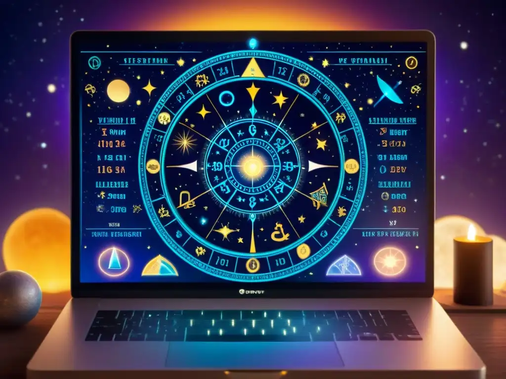 Detalladas cartas de astrología y tarot en pantalla de ordenador con símbolos celestiales y programas avanzados para predecir futuro