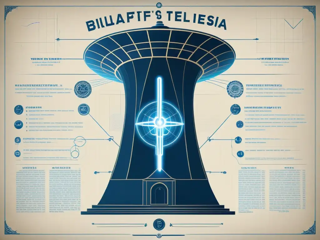 Detallado blueprint de la Torre Wardenclyffe de Tesla con símbolos misteriosos, revelando inventos suprimidos sociedades secretas