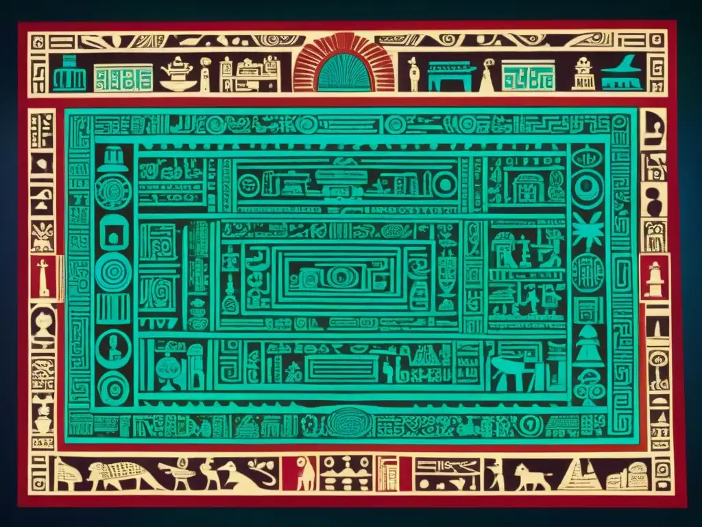 Detallado codex maya con escenas rituales, escrituras jeroglíficas y misterio en colores vibrantes