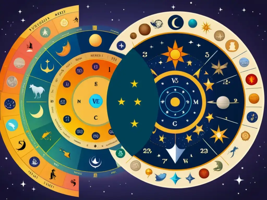 Detallado cuadro comparativo de diferencias astrología védica occidental, con ilustraciones de signos zodiacales y símbolos celestiales