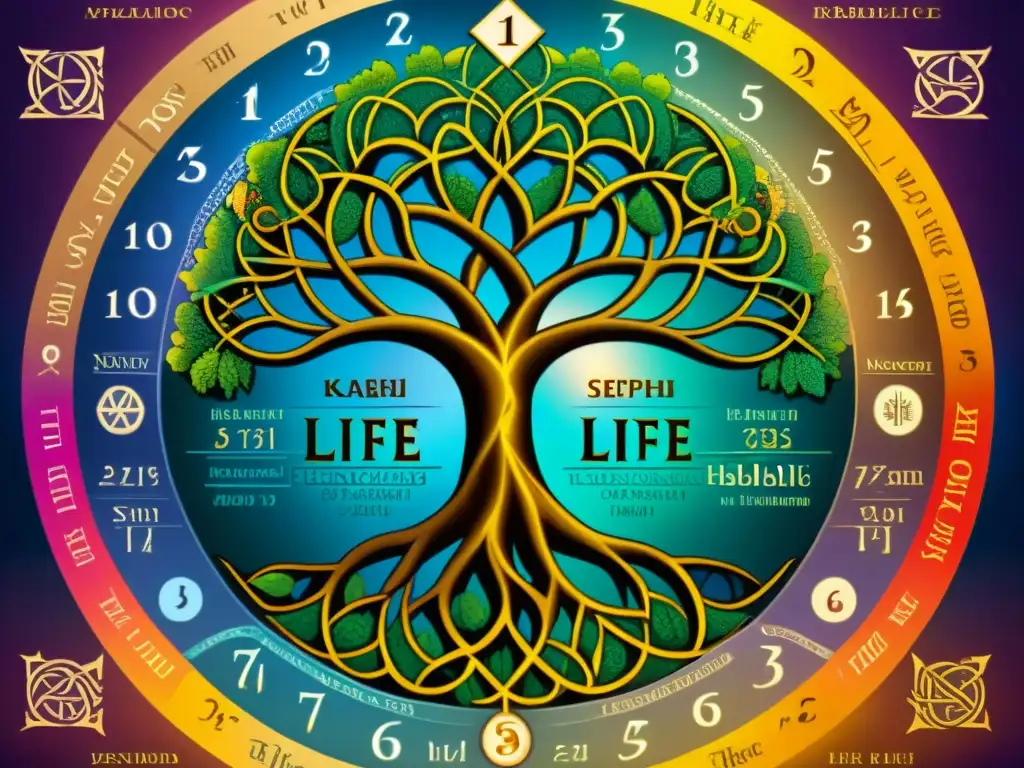 Detallado diagrama de la mística Árbol de la Vida Kabbalístico, resaltando los números y significados simbólicos de cada sefirah