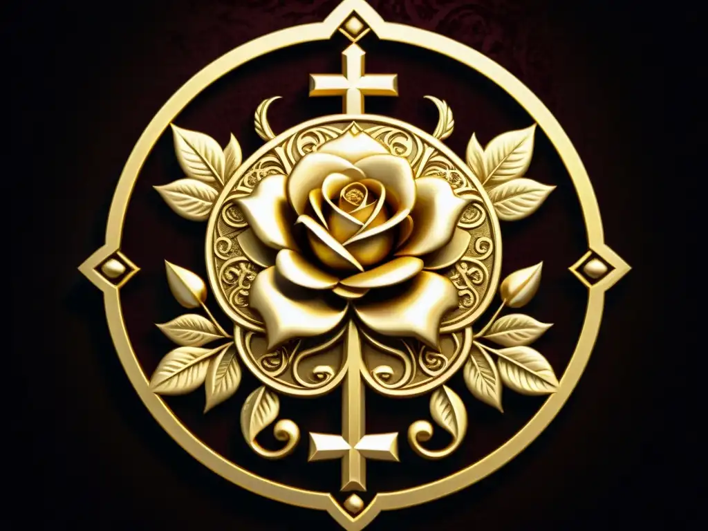 Detallado emblema dorado rosacruciano, simbolizando unión sagrada de espiritualidad y alquimia